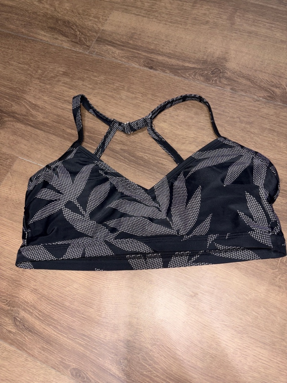 Leaf-Print Strappy Black Swim Bikini Top